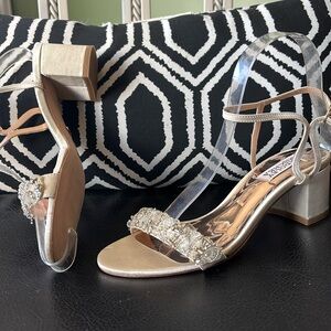 Women beige Sz 6 embellished ankle wrap stacked satin heels formal party sandals